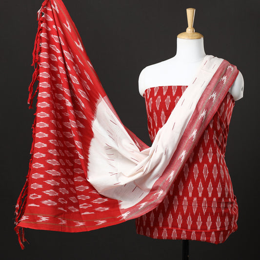 Red - 3pc Pochampally Ikat Weave Handloom Cotton Suit Material Set 20
