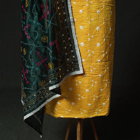 Yellow - Kutch Bandhani Tie-Dye Cotton 2pc Unstitched Dress Material Kurta Set with Earrings 34