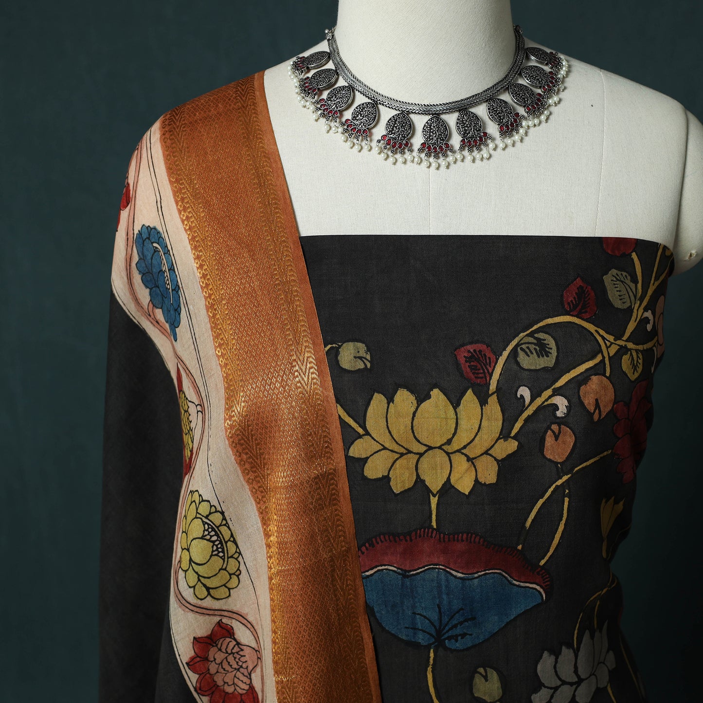 Handpainted Srikalahasti Pen Work Kalamkari Bangalore Silk 2pc Unstitched Dress Material Kurta Set 19