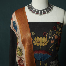 Handpainted Srikalahasti Pen Work Kalamkari Bangalore Silk 2pc Unstitched Dress Material Kurta Set 19