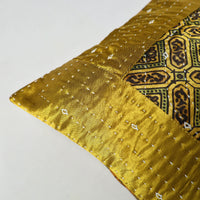 Yellow - Kutch Embroiderd Mashru Silk Ajrakh Print Cushion Cover 03