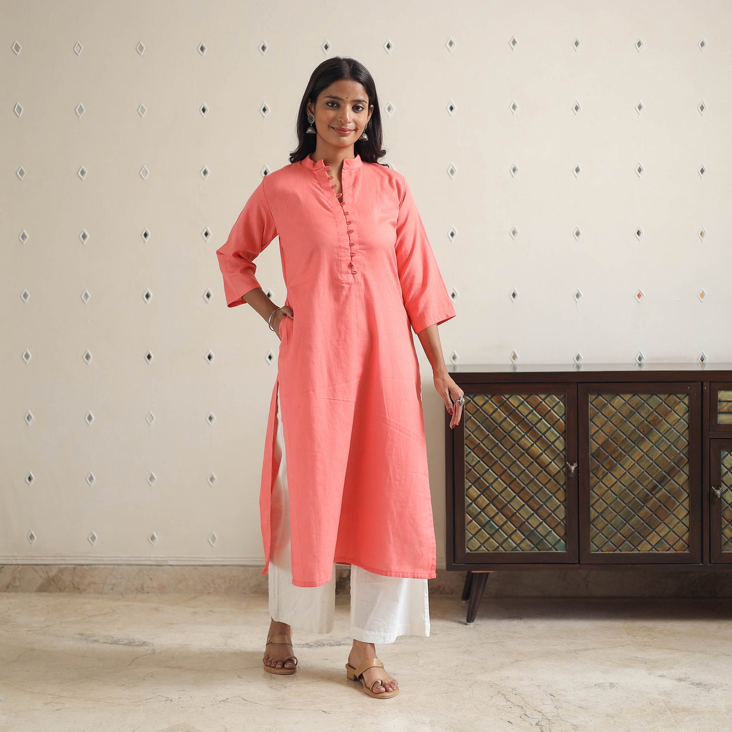 Aarohi Peach Flex Cotton Straight Plain Kurta