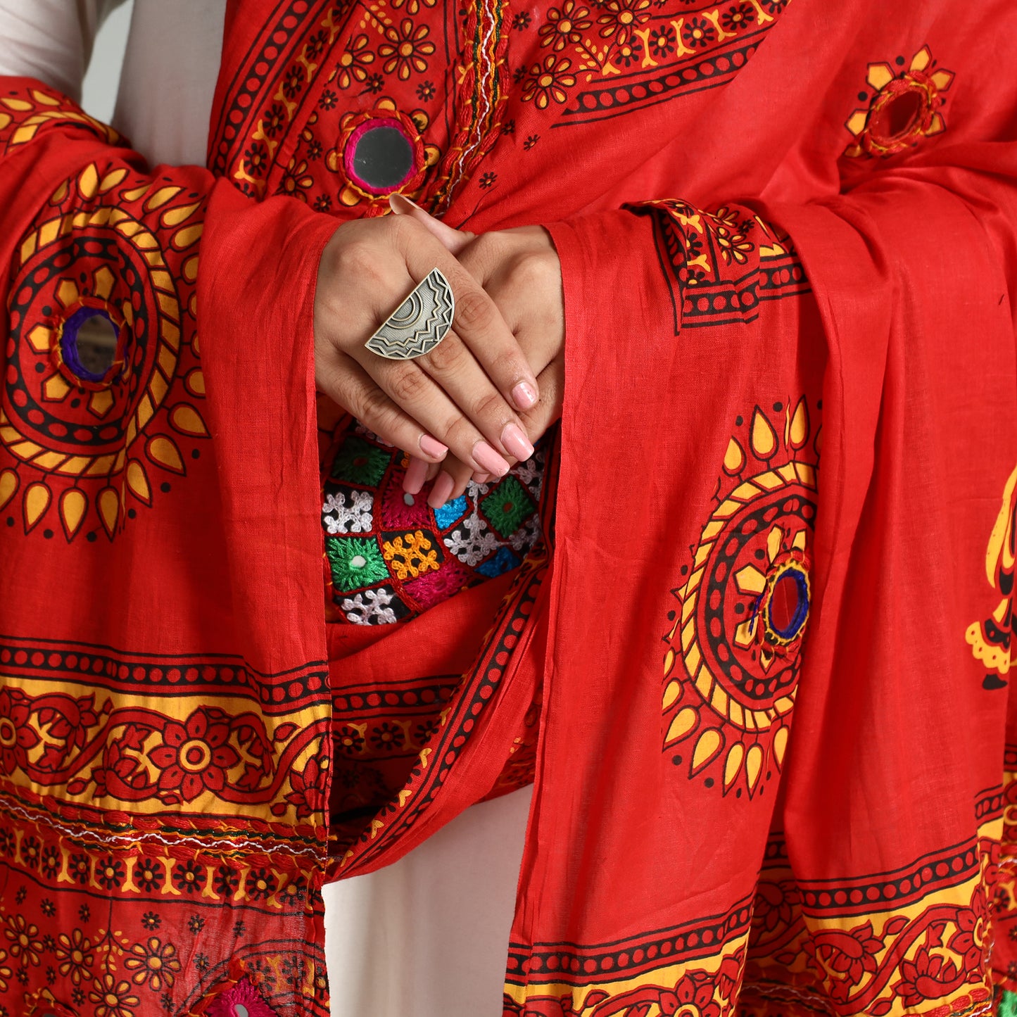 Red - Kutch Hand Embroidery Mirror Work Printed Cotton Dupatta 50
