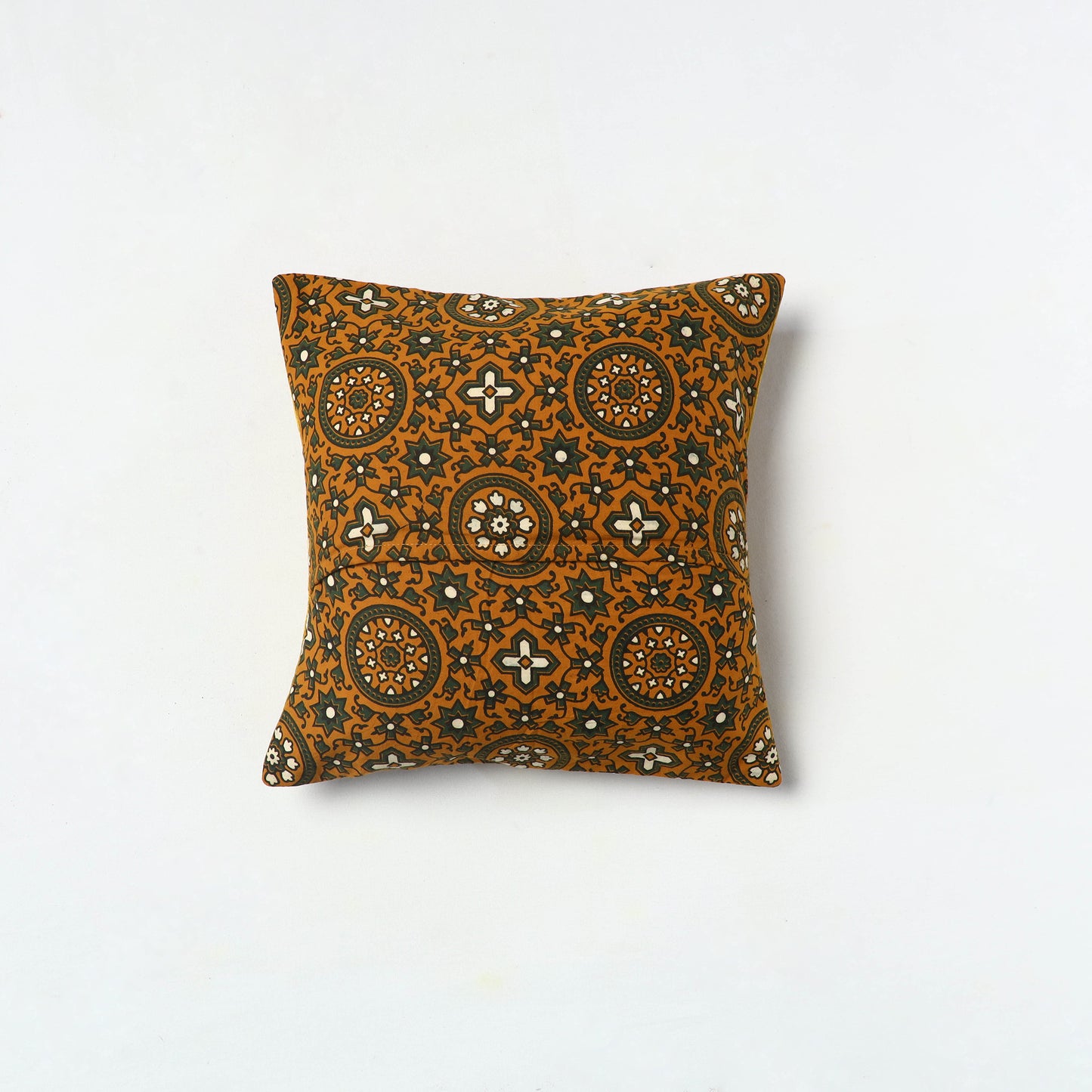 Yellow - Kutch Embroiderd Mashru Silk Ajrakh Print Cushion Cover 03