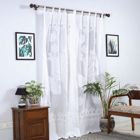 White - Applique Peacock Cutwork Cotton Door Curtain from Barmer (7 x 3.5 feet) (single piece)