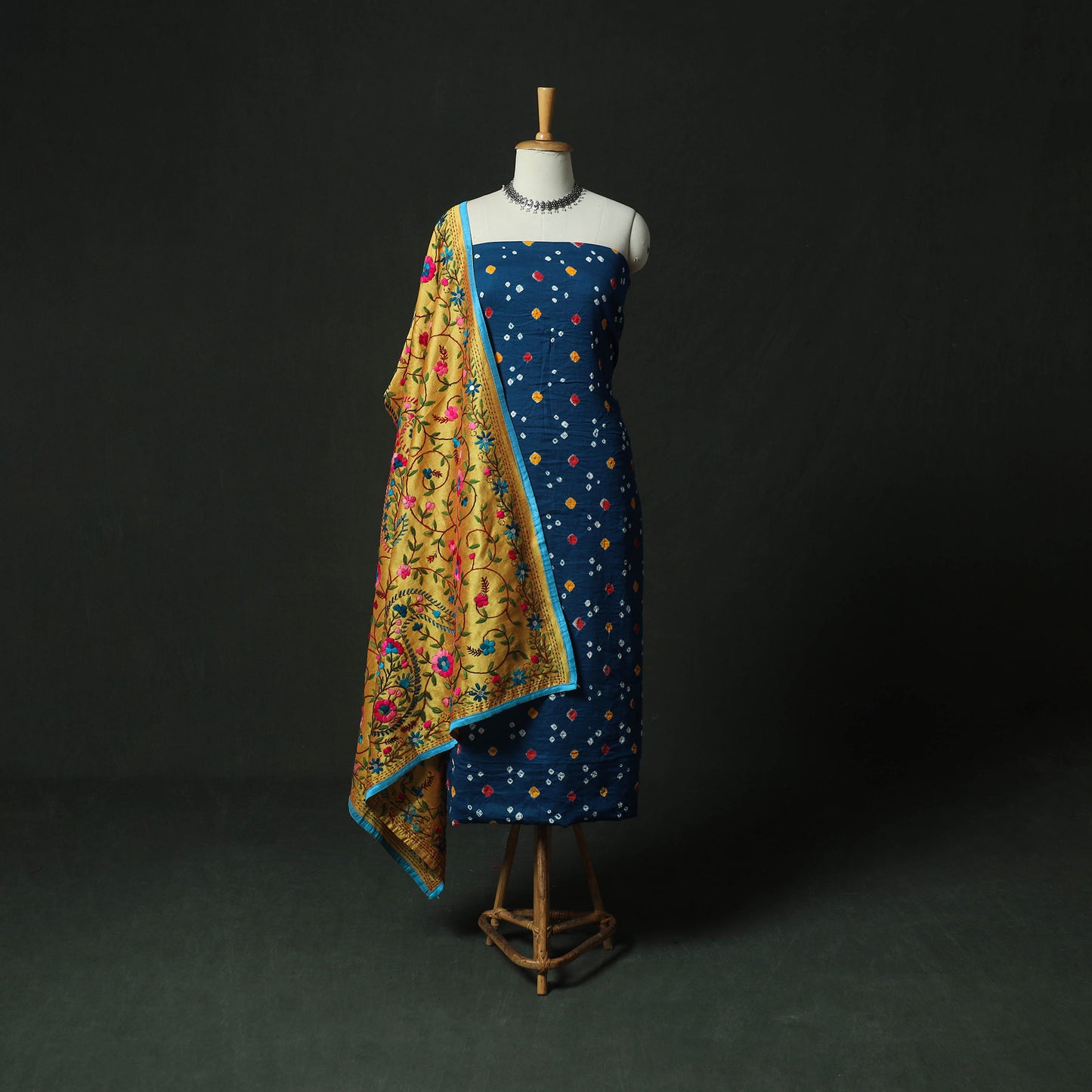 Blue - Kutch Bandhani Tie-Dye Cotton 2pc Unstitched Dress Material Kurta Set with Earrings 35