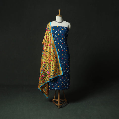 Blue - Kutch Bandhani Tie-Dye Cotton 2pc Unstitched Dress Material Kurta Set with Earrings 35