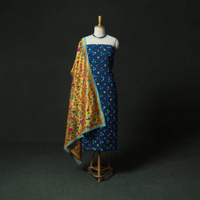 Blue - Kutch Bandhani Tie-Dye Cotton 2pc Unstitched Dress Material Kurta Set with Earrings 35