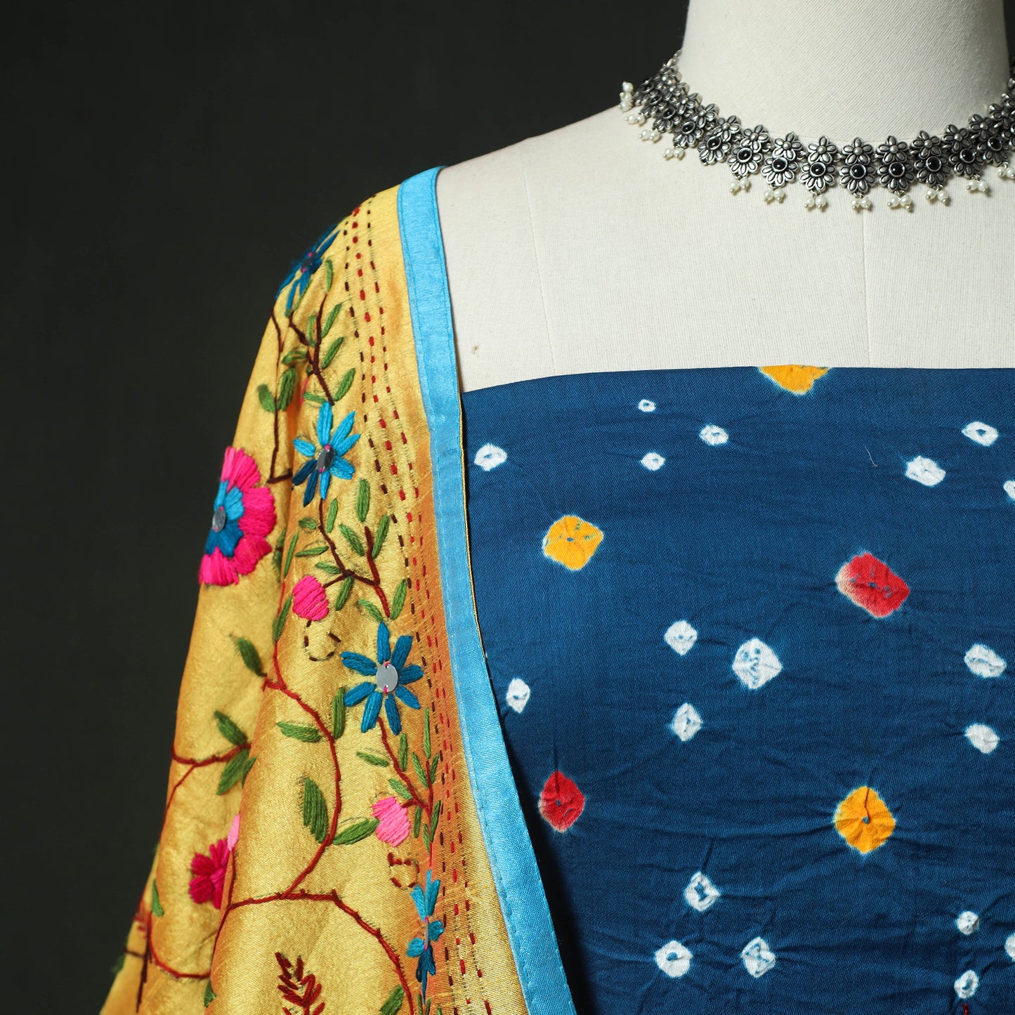 Blue - Kutch Bandhani Tie-Dye Cotton 2pc Unstitched Dress Material Kurta Set with Earrings 35