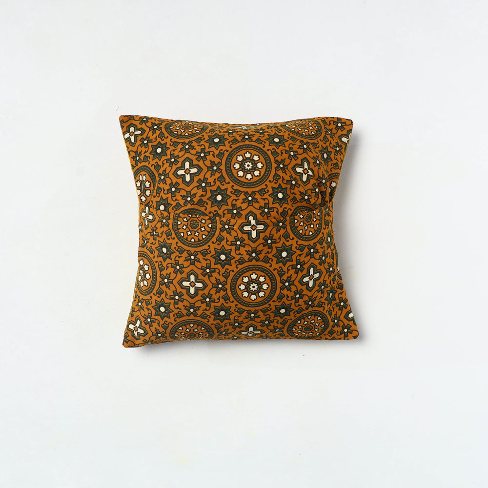 Yellow - Kutch Embroiderd Mashru Silk Ajrakh Print Cushion Cover 05