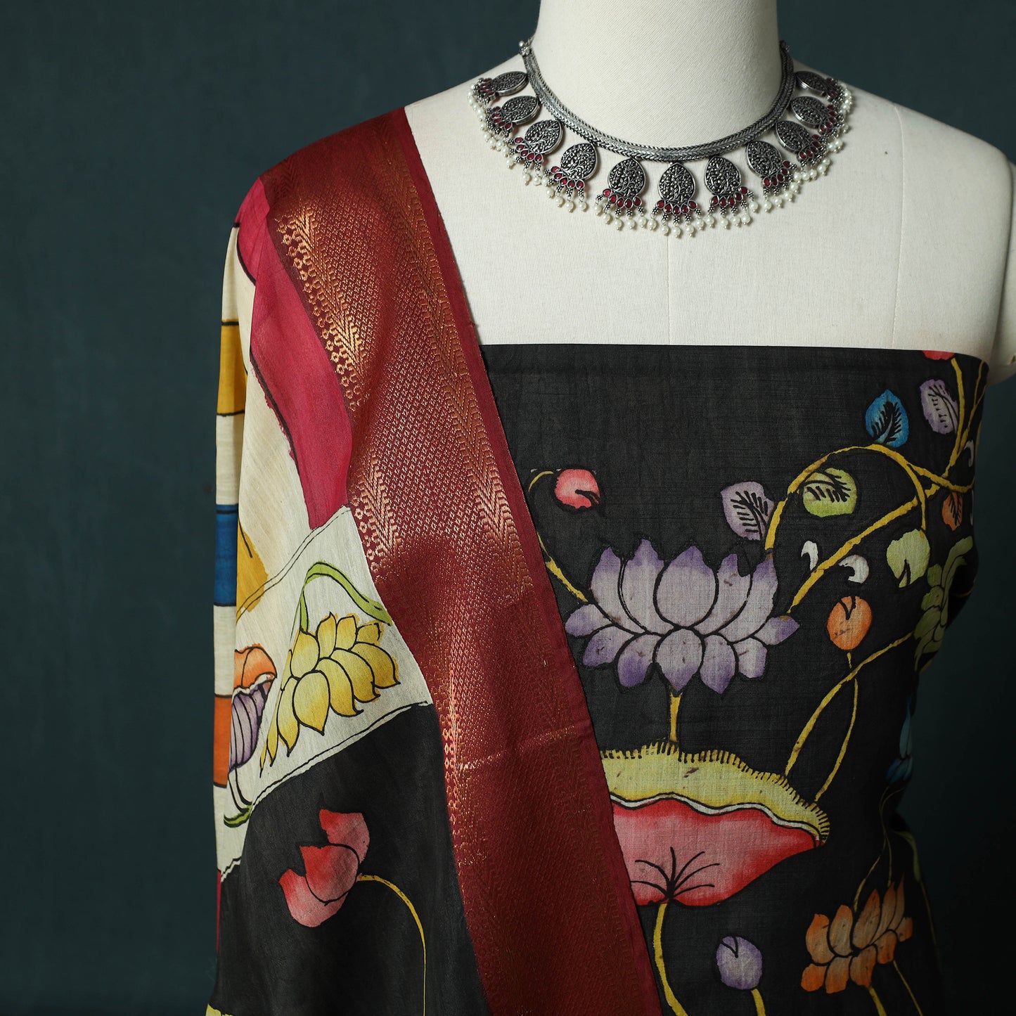 Handpainted Srikalahasti Pen Work Kalamkari Bangalore Silk 2pc Unstitched Dress Material Kurta Set 20