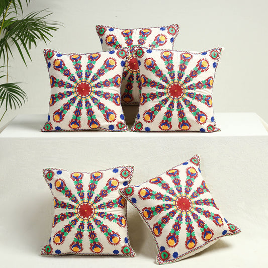 Multicolor - Set of 5 - Aari Hand Embroidery Cotton Cushion Cover (16 x 16 in)