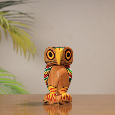 Owl - Traditional Burdwan Wood Craft Handpainted Sculpture (Medium) 26