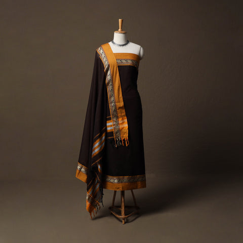 Brown - Dharwad Mercerised Cotton 3pc Unstitched Dress Material Suit Set with Woven Border 01