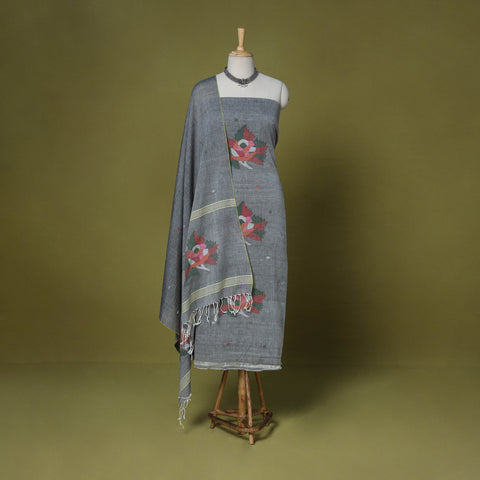 Grey - 2pc handloom silk cotton unstitched phulia jamdani