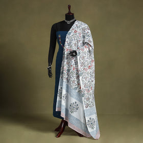 White Block Print Cotton Sanganeri Floral Dupatta