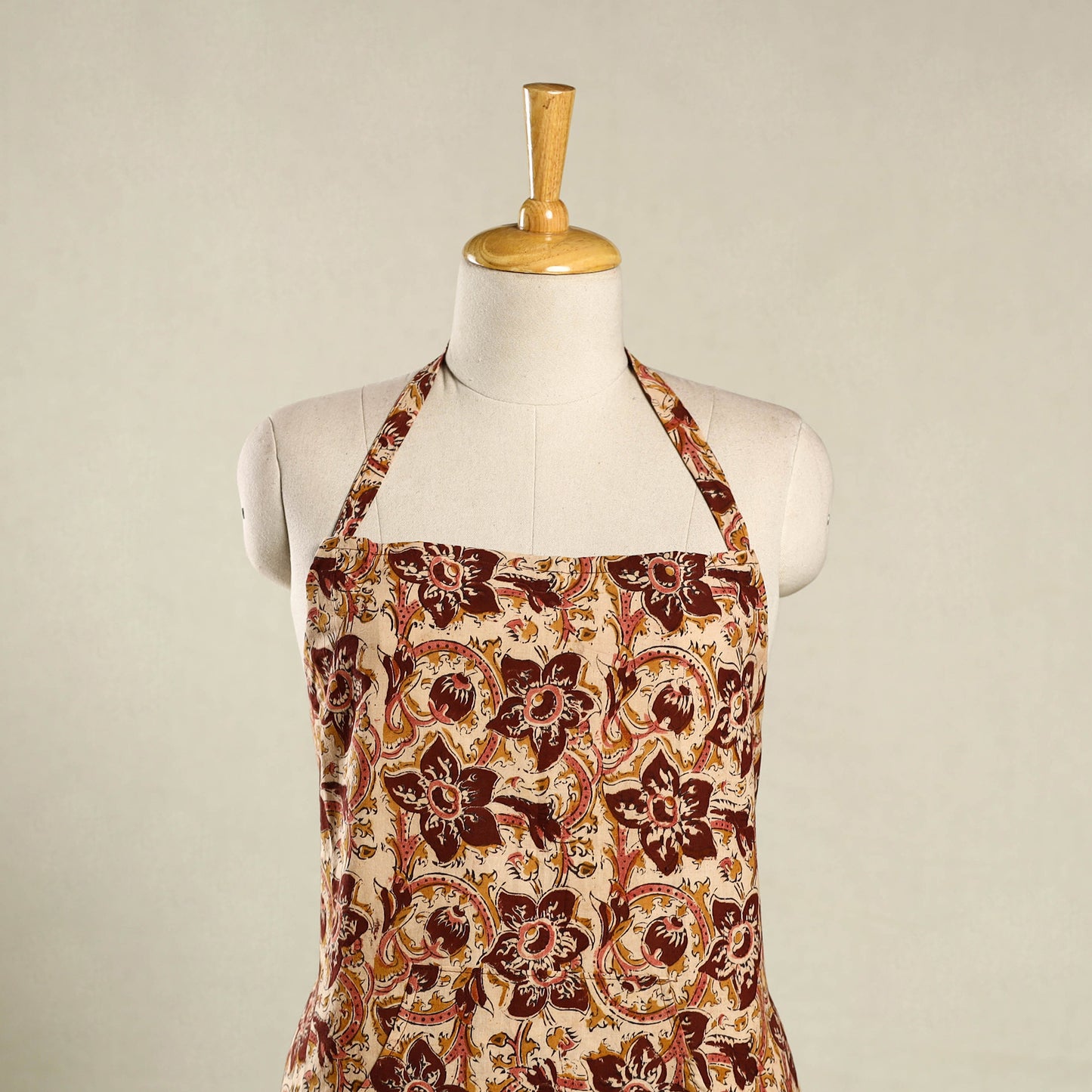 Brown Kalamkari Block Print Cotton Apron with Pocket