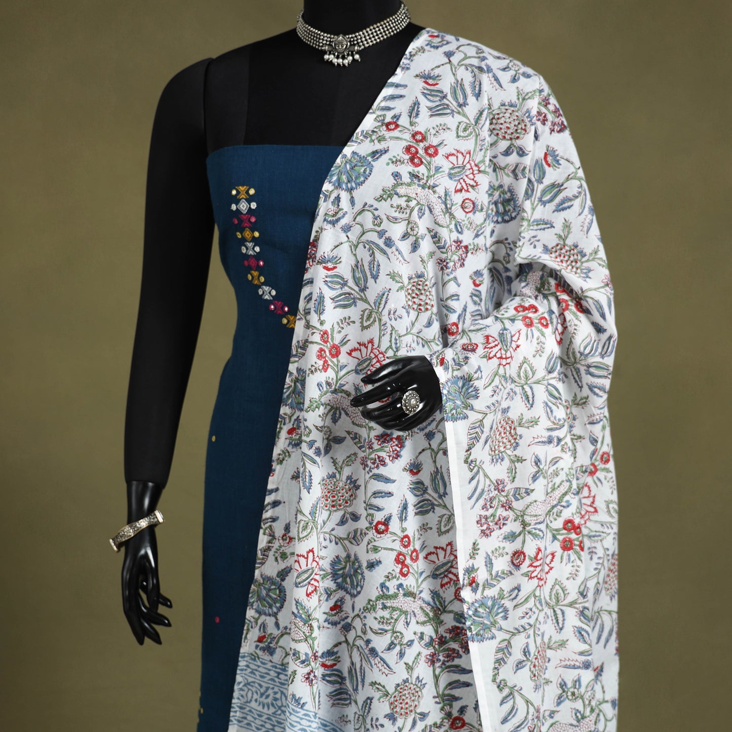 White Block Print Cotton Sanganeri Floral Dupatta