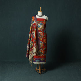 Handpainted Srikalahasti Pen Work Kalamkari Bangalore Silk 2pc Unstitched Dress Material Kurta Set 21