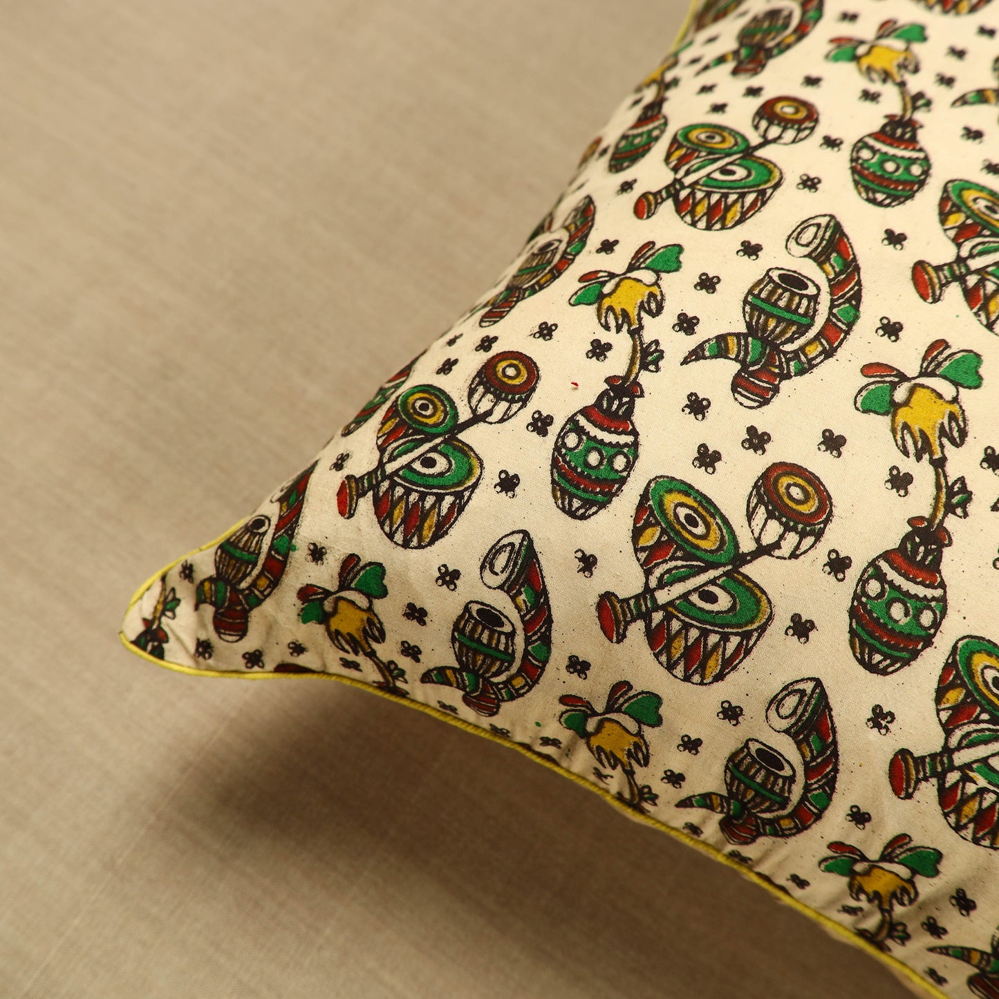 Off White - Cotton Printed Kalamkari Cushion Cover (16 x 16 in) 13