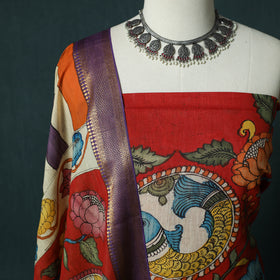 Handpainted Srikalahasti Pen Work Kalamkari Bangalore Silk 2pc Unstitched Dress Material Kurta Set 21