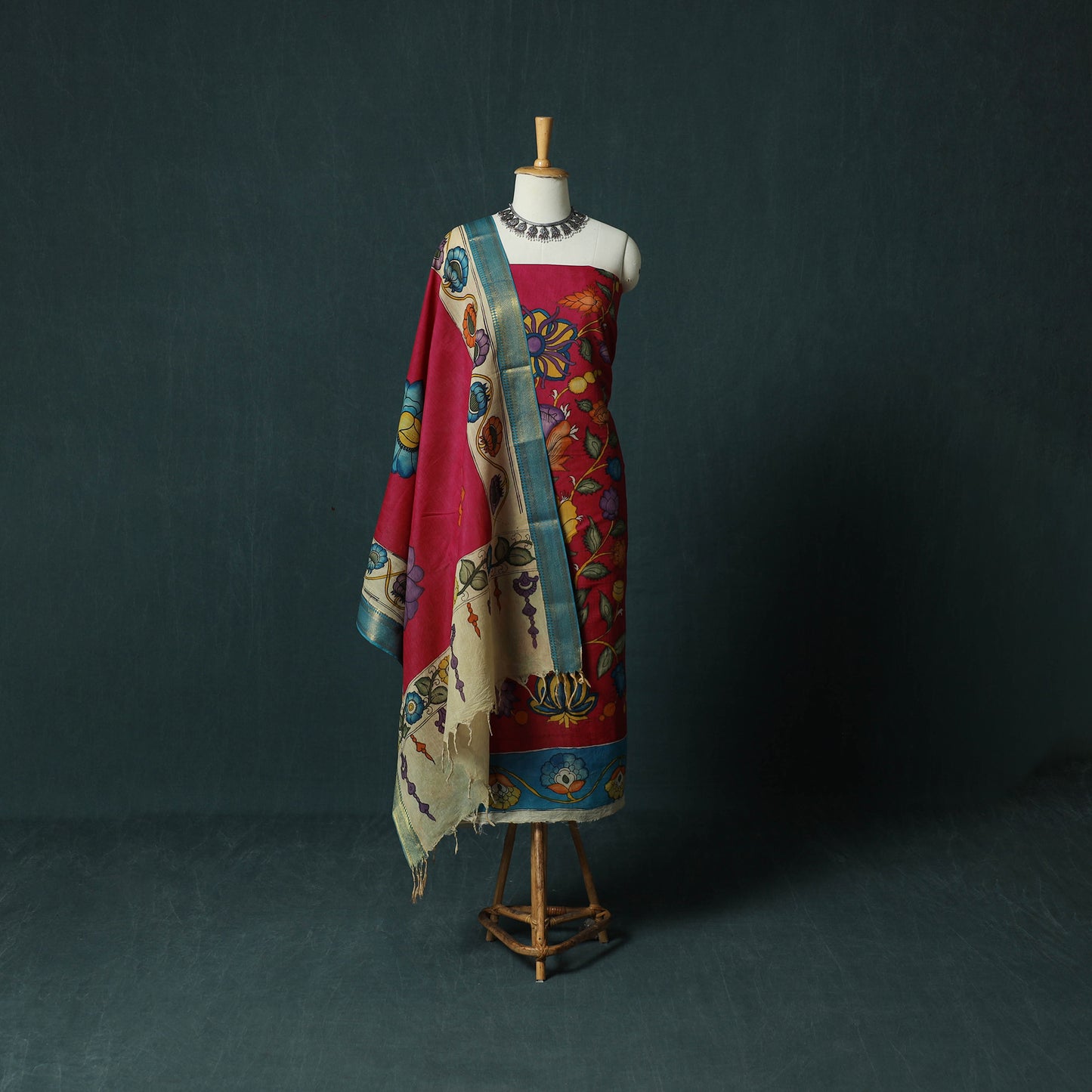 Handpainted Srikalahasti Pen Work Kalamkari Bangalore Silk 2pc Unstitched Dress Material Kurta Set 22