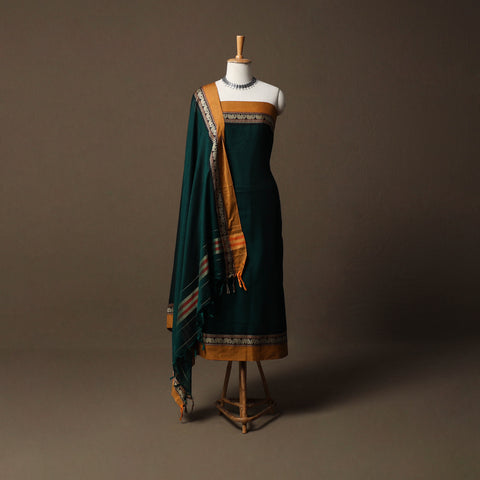 Green - Dharwad Mercerised Cotton 3pc Unstitched Dress Material Suit Set with Woven Border 04