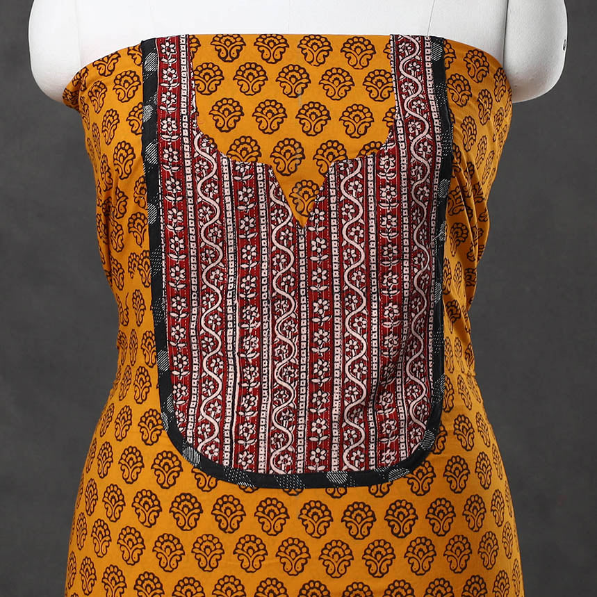 Orange - Bagh Print Cotton Kurta Material with Patchwork (3m) 08