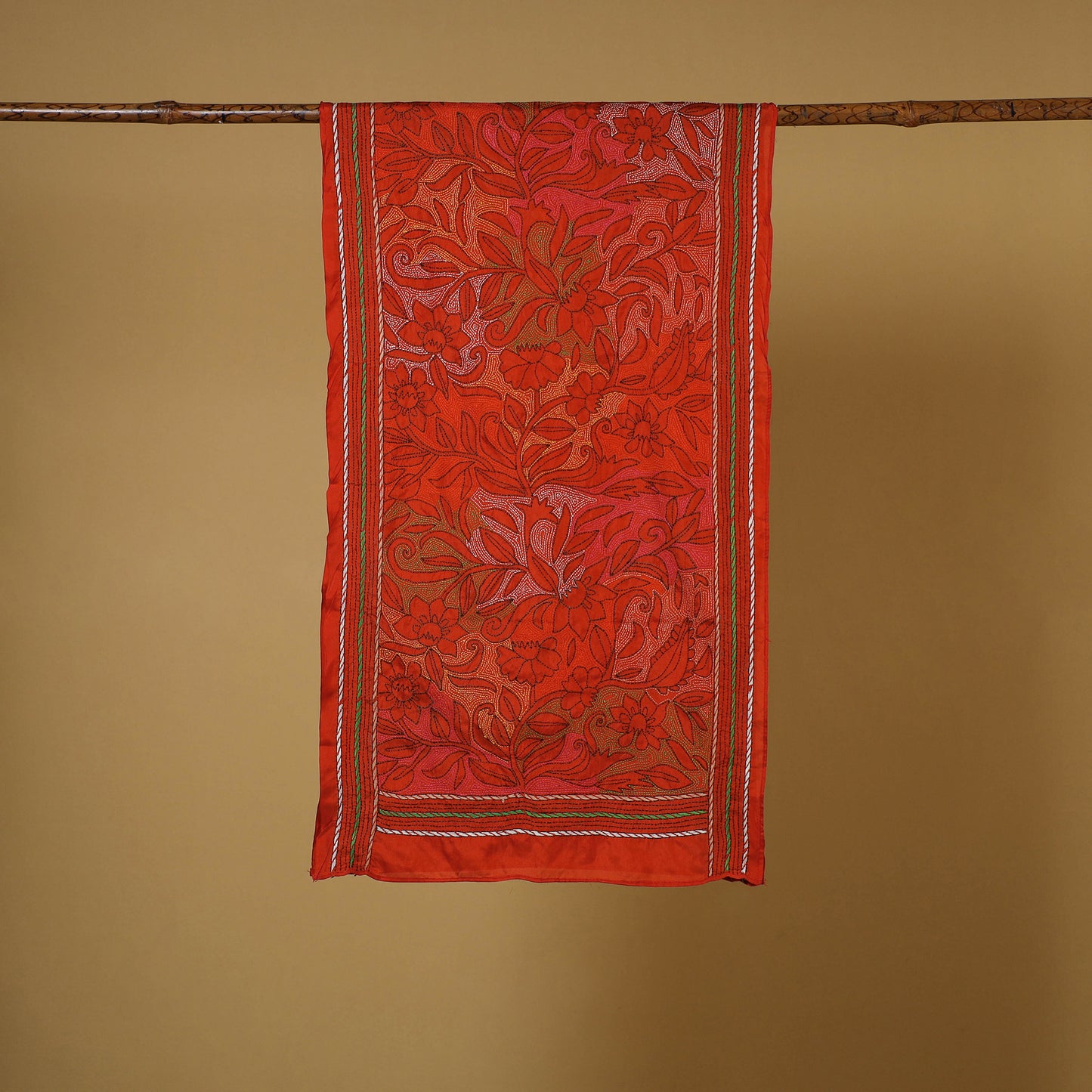 Red - handloom tussar silk bengal kantha work stole 13