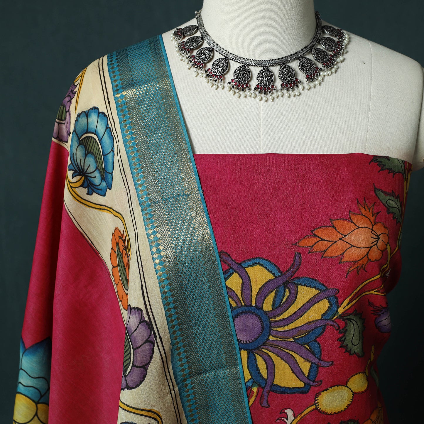 Handpainted Srikalahasti Pen Work Kalamkari Bangalore Silk 2pc Unstitched Dress Material Kurta Set 22