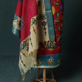 Handpainted Srikalahasti Pen Work Kalamkari Bangalore Silk 2pc Unstitched Dress Material Kurta Set 22