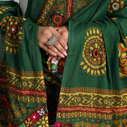 Green - Kutch Hand Embroidery Mirror Work Printed Cotton Dupatta 55
