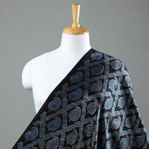 Black - Ajrakh Block Printed Modal Silk Fabric from Kutch 12