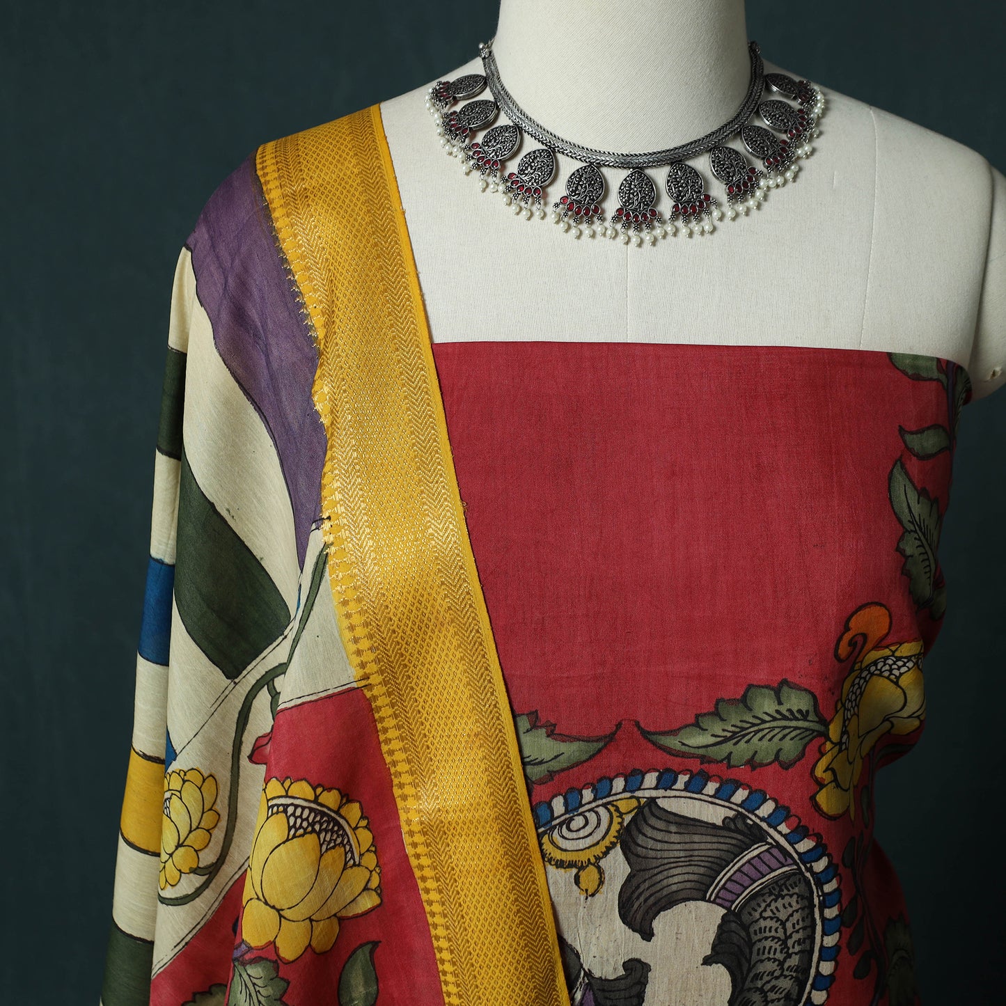 Handpainted Srikalahasti Pen Work Kalamkari Bangalore Silk 2pc Unstitched Dress Material Kurta Set 23