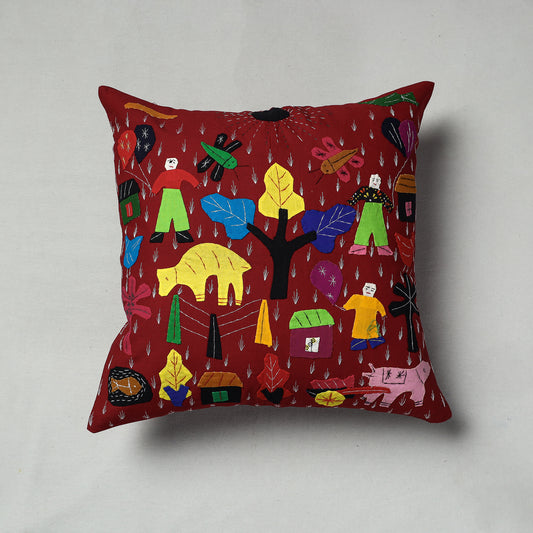Red - Pipli Applique Work Cotton Cushion Cover (16 x 16 in)