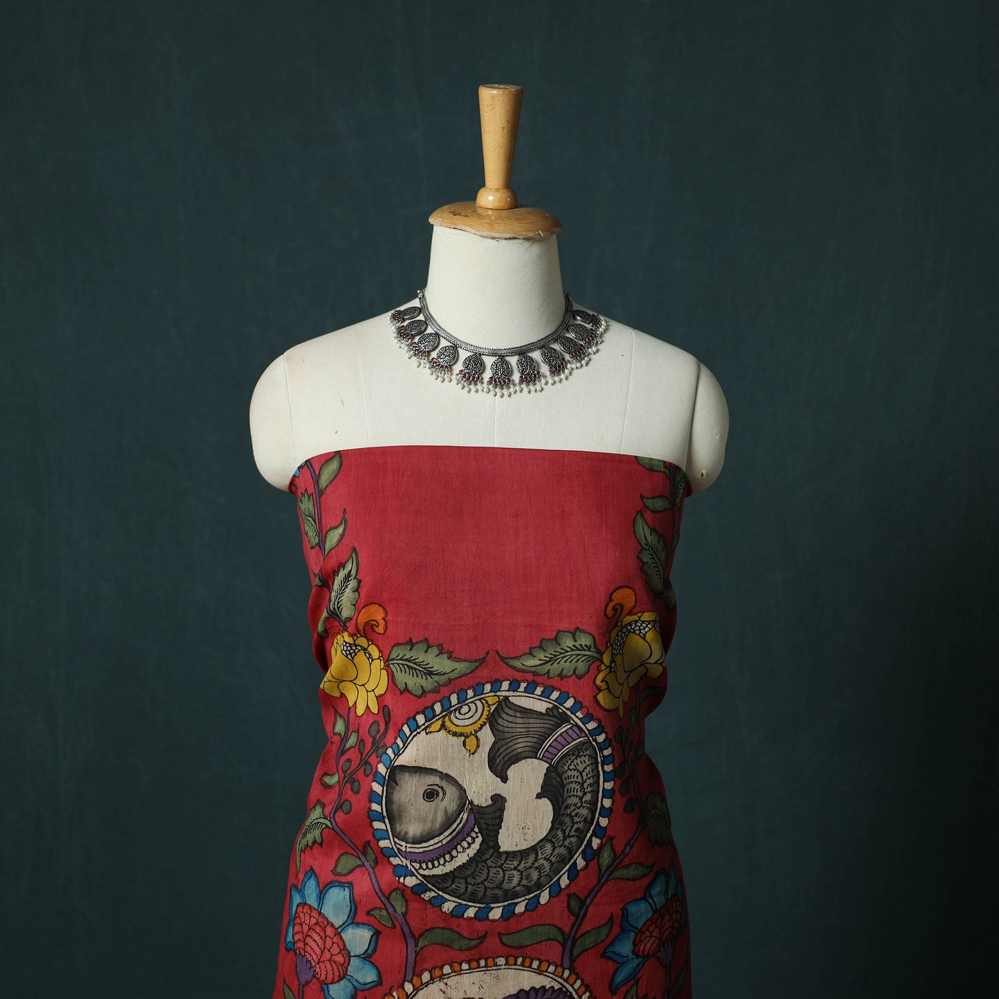 Handpainted Srikalahasti Pen Work Kalamkari Bangalore Silk 2pc Unstitched Dress Material Kurta Set 23