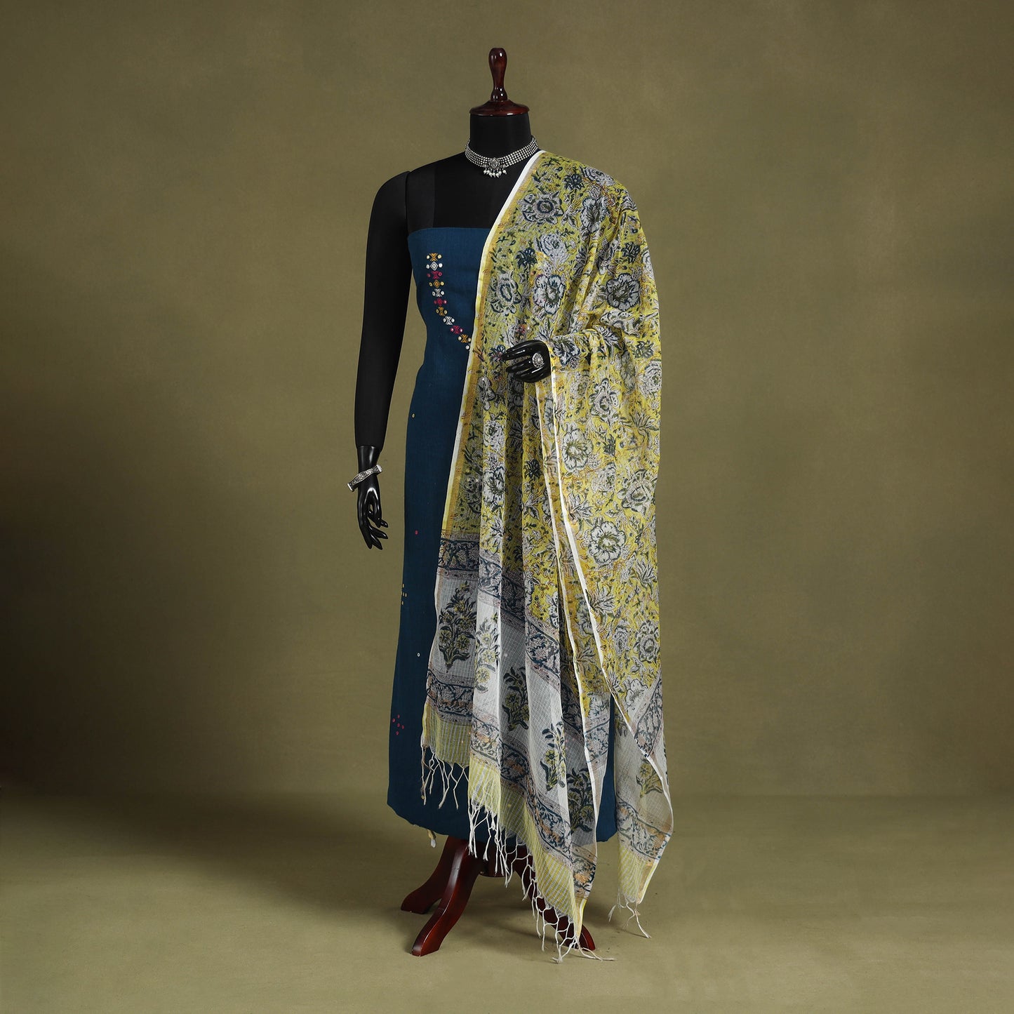 Yellow Block Print Kota Doria Cotton Sanganeri Floral Dupatta 