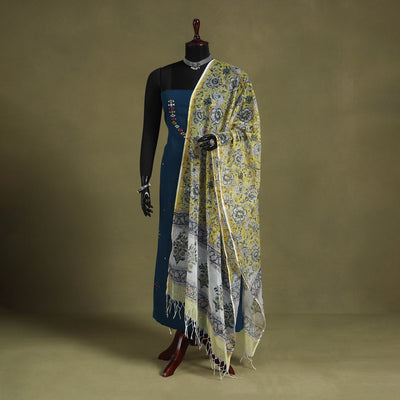 Yellow Block Print Kota Doria Cotton Sanganeri Floral Dupatta 