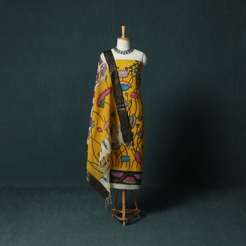 Handpainted Srikalahasti Pen Work Kalamkari Bangalore Silk 2pc Unstitched Dress Material Kurta Set 24