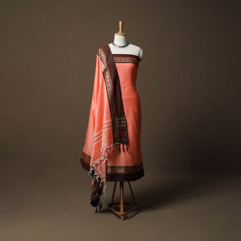 Orange - Dharwad Mercerised Cotton 3pc Unstitched Dress Material Suit Set with Woven Border 05