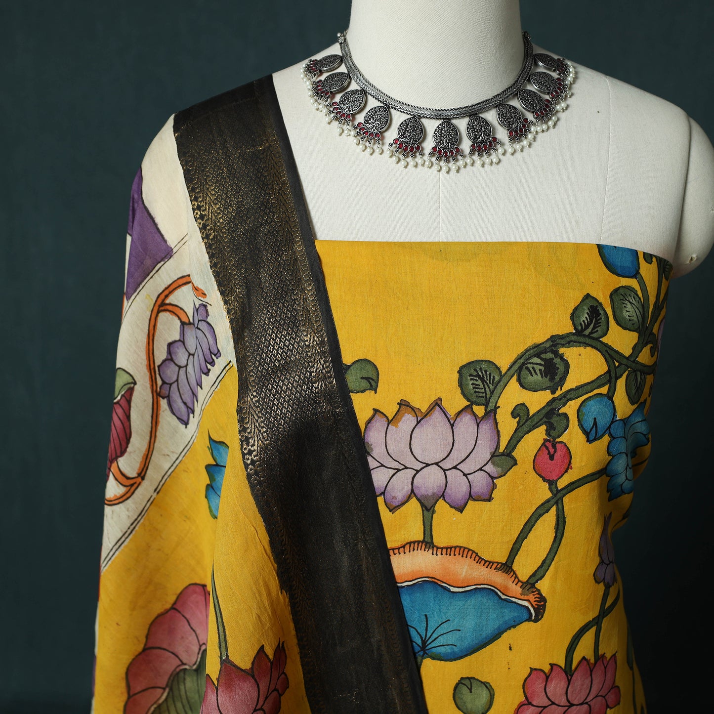 Handpainted Srikalahasti Pen Work Kalamkari Bangalore Silk 2pc Unstitched Dress Material Kurta Set 24