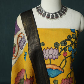 Handpainted Srikalahasti Pen Work Kalamkari Bangalore Silk 2pc Unstitched Dress Material Kurta Set 24