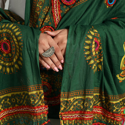 Green - Kutch Hand Embroidery Mirror Work Printed Cotton Dupatta 59