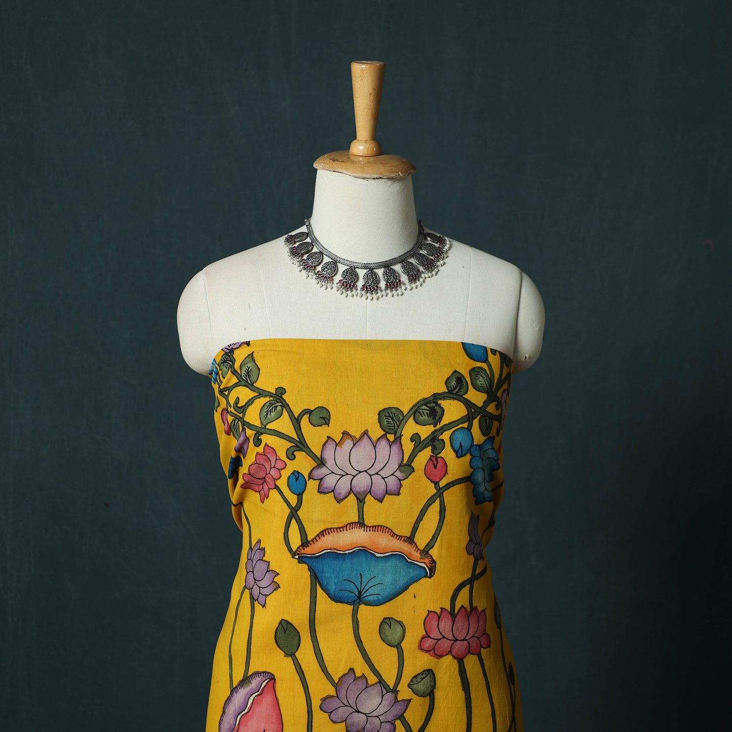 Handpainted Srikalahasti Pen Work Kalamkari Bangalore Silk 2pc Unstitched Dress Material Kurta Set 24