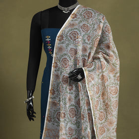 Brown Block Print Kota Doria Cotton Sanganeri Floral Dupatta 