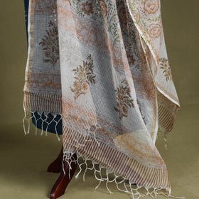 Brown Block Print Kota Doria Cotton Sanganeri Floral Dupatta 