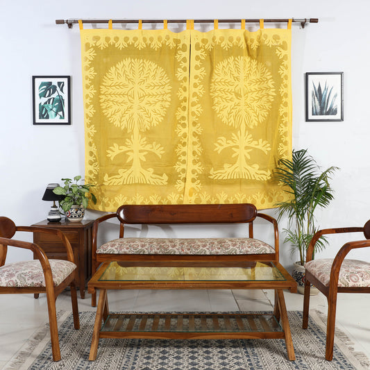 Yellow - Applique Tree Cutwork Cotton Window Curtain from Barmer (5 x 3.5 feet) (single piece)