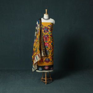 Yellow - Handpainted Srikalahasti Pen Work Kalamkari Bangalore Silk 2pc Unstitched Dress Material Kurta Set 25