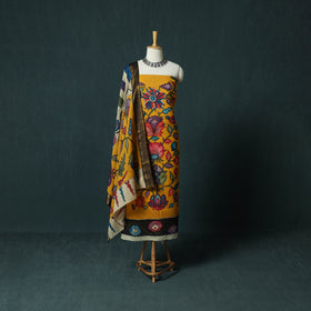 Handpainted Srikalahasti Pen Work Kalamkari Bangalore Silk 2pc Unstitched Dress Material Kurta Set 25