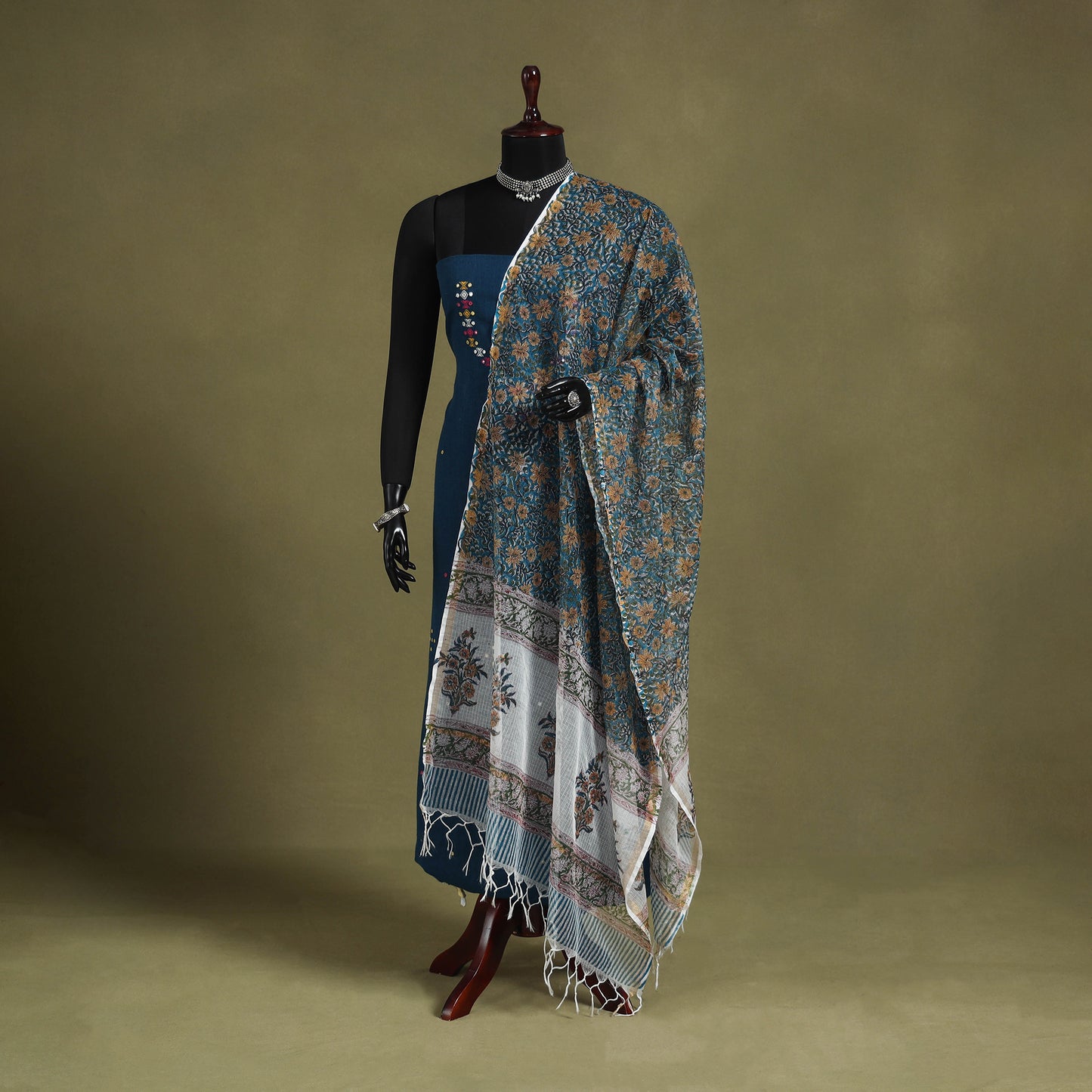 Blue - kota doria cotton sanganeri floral dupatta 26